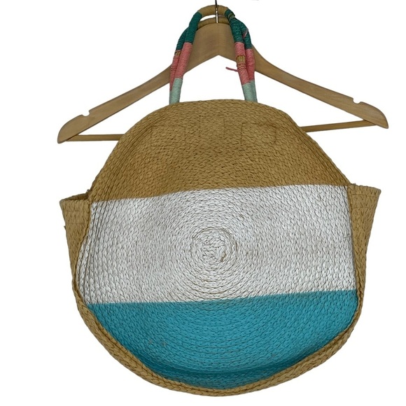 Circle straw rattan weaved bag beach tote white turquoise color striped handles - Picture 4 of 13